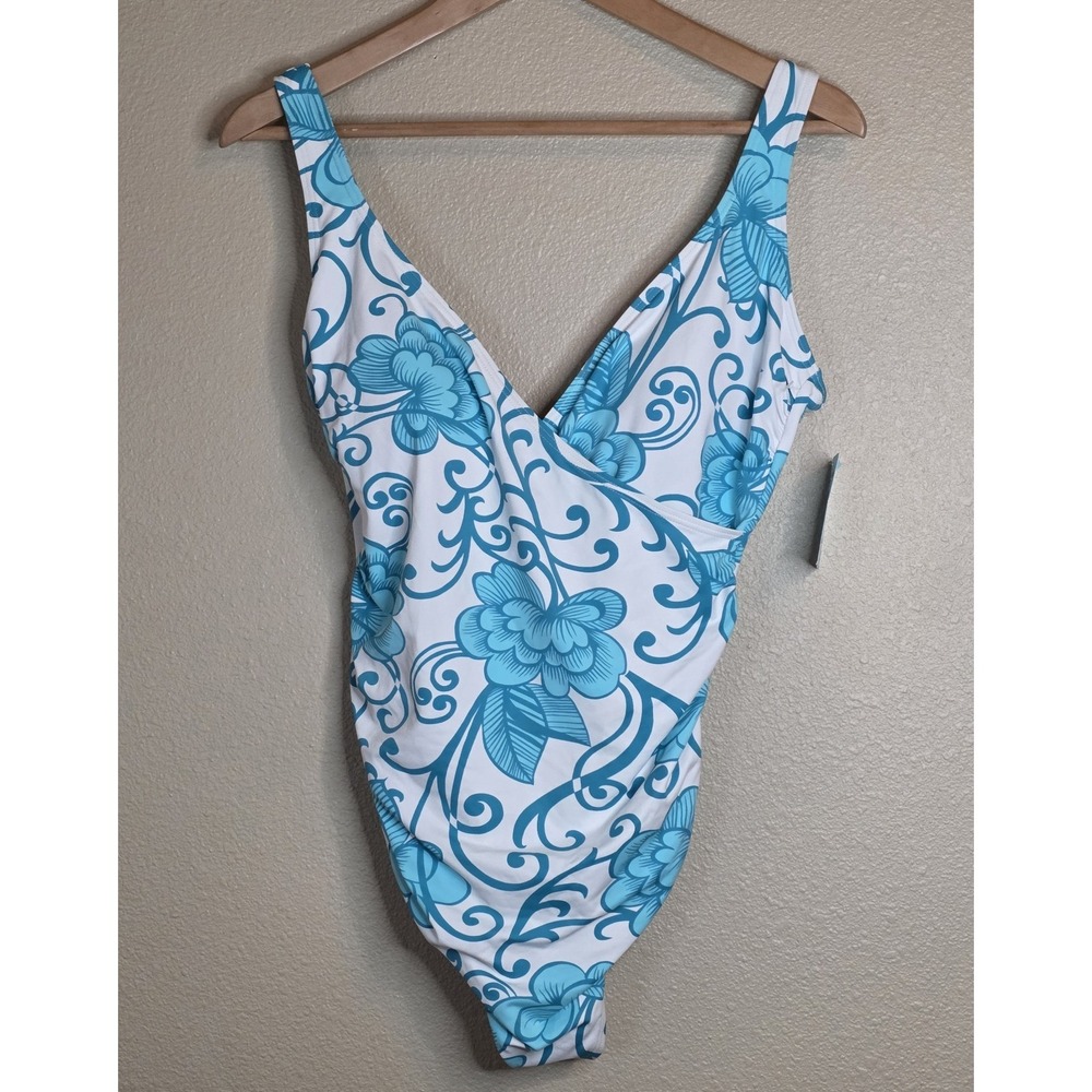 NWT Betty's Beach Bungalow Women's One Piece 12 Halter Neck Blue Swimsuit Floral